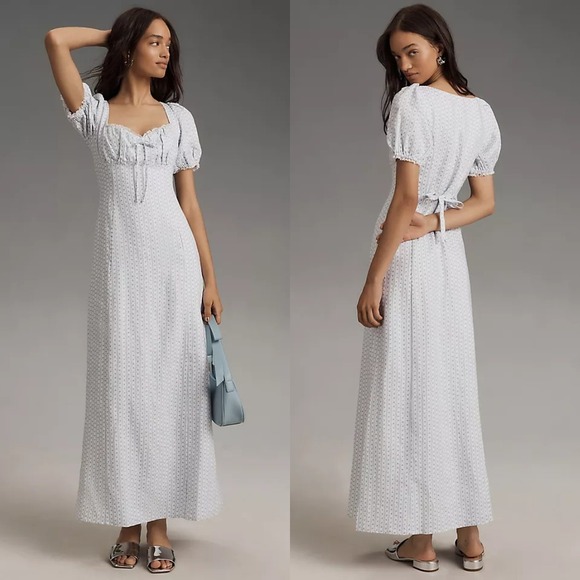 Reformation | Cherise 100% Linen Floral Puff Sleeve Midi Dress‎ in Cindy Blue - Picture 3 of 9